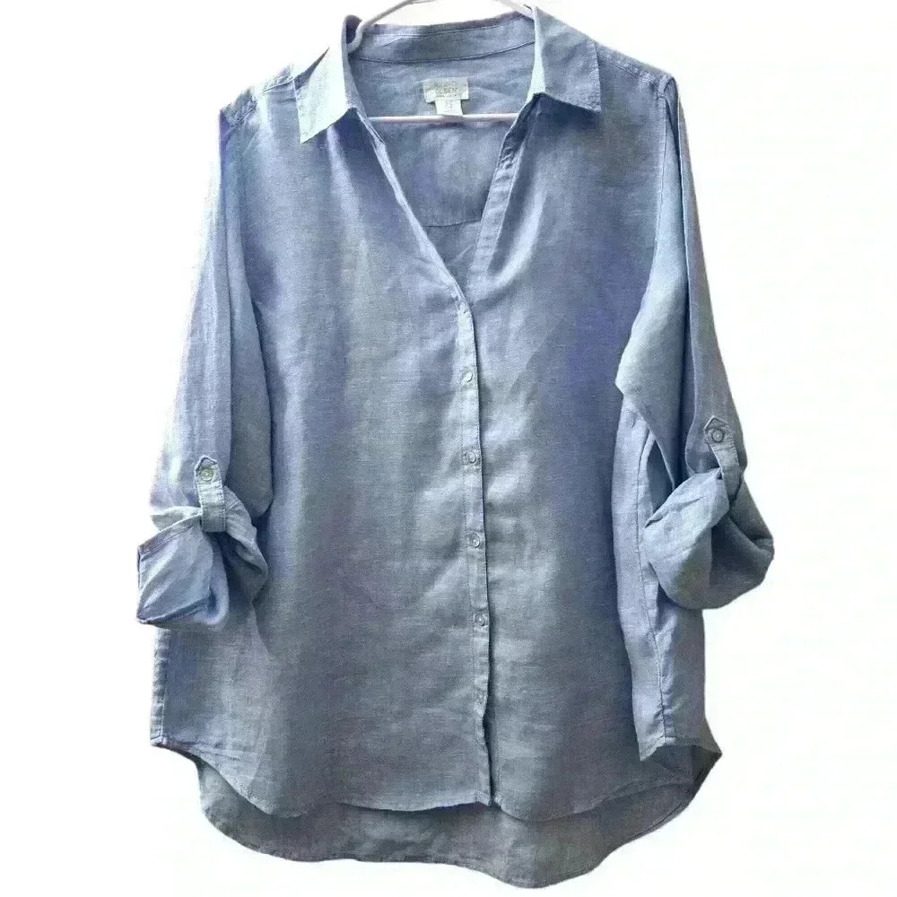 Sigrid Olsen Blue 100% Linen Chambray Button Up B… - image 3